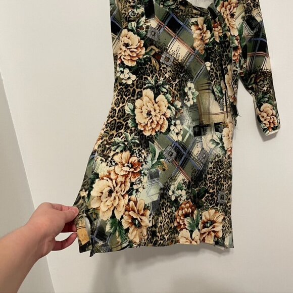 ALBERTO MAKALI Green Cream Leopard Cheetah Animal Floral Plaid 3/4 Sleeve Tunic - Picture 7 of 10